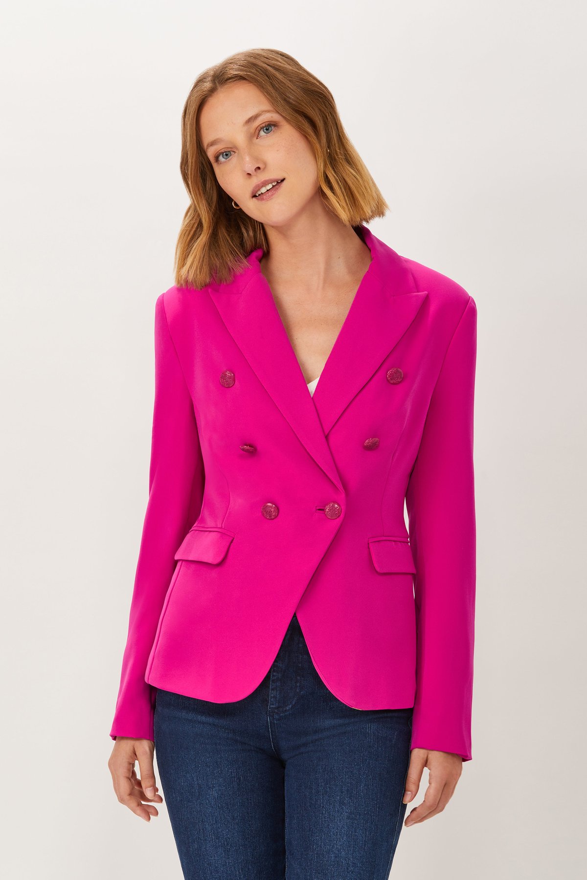 Double Breasted Blazer with Gold Hardware - Hot Pink