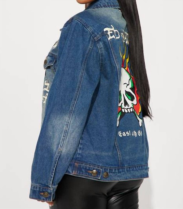 Flame Skull Denim Jacket In Medium Tint