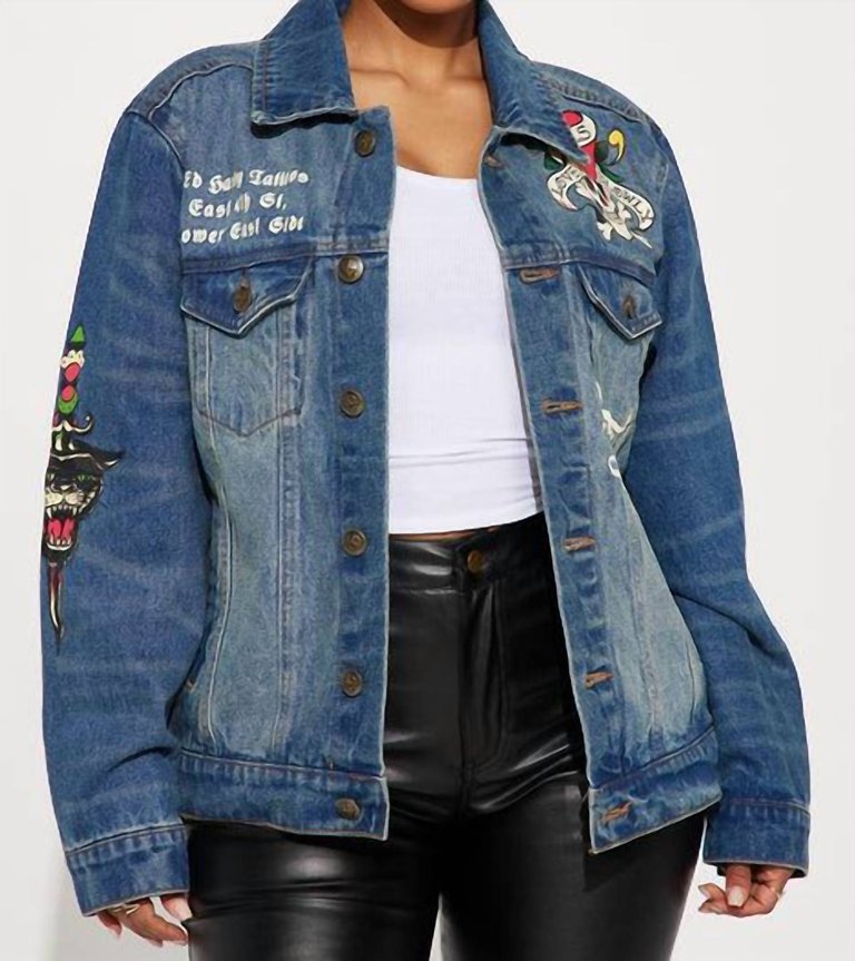 Flame Skull Denim Jacket In Medium Tint - Medium Tint