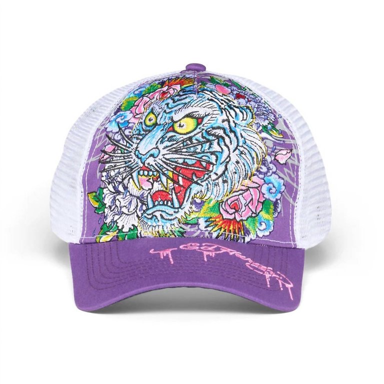 Men's Embroidered Floral Tiger Hat In Purple/White - Purple/White