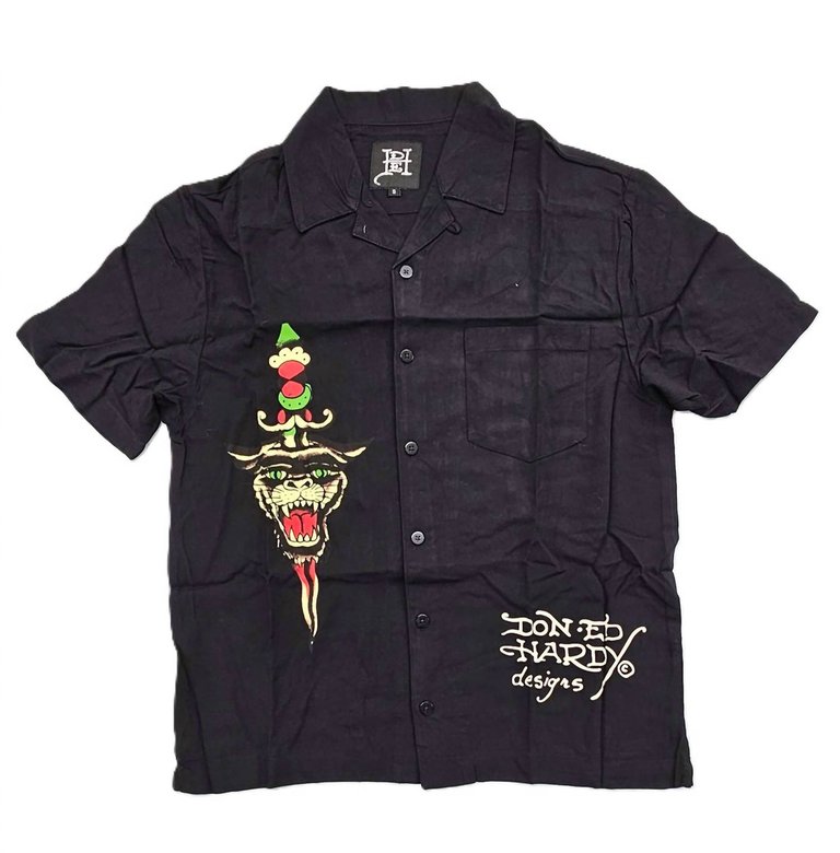 Men's Lks Skull Short Sleeve Camp Shirt In Black - Black