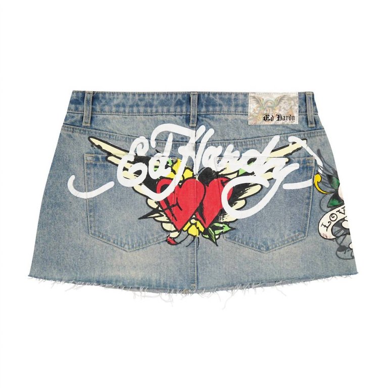 Women's Lks Skull Denim Mini Skirt In Light Wash