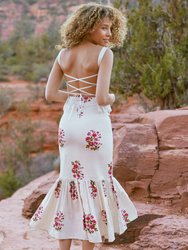Amber Beaded Fluted Skirt - Oatmeal/Ruby Floral/Beading
