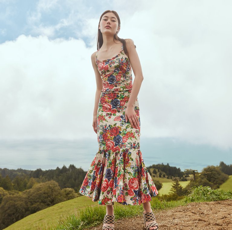 Patsy Fluted Pencil Skirt - Dove White/Multicolor Blooming Floral Print - Dove White/Multicolor Blooming Floral Print