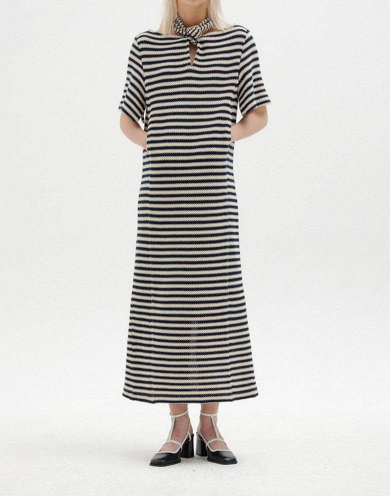 Sicilia Short Sleeve Tie Back Dress In Navy/Beige Stripe