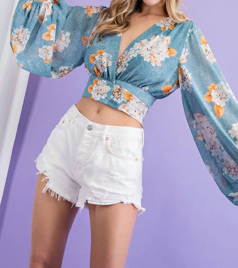 Cropped Long Sleeve Blouse With Adjustable Back Tie - Floral Sage