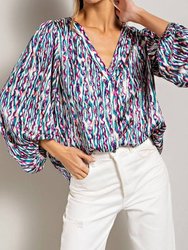 Retro Print V Neck Bubble Sleeve Blouse