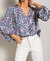 Retro Print V Neck Bubble Sleeve Blouse