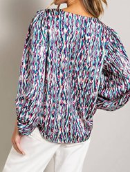 Retro Print V Neck Bubble Sleeve Blouse