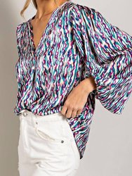 Retro Print V Neck Bubble Sleeve Blouse