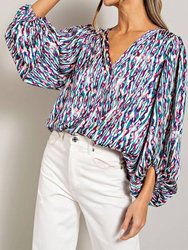 Retro Print V Neck Bubble Sleeve Blouse