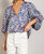 Retro Print V Neck Bubble Sleeve Blouse - Blue