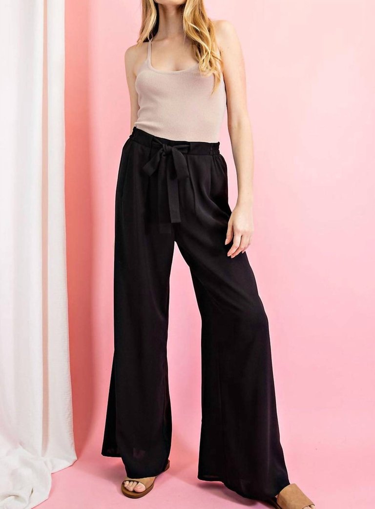 Wide Leg Pants With Self Tie Belt In Black - Black