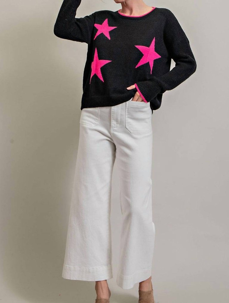 Women'S Sweater With Hot Pink Stars - Black