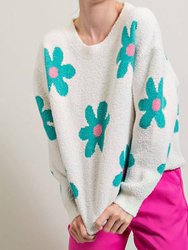 Women'S Sweater With Teal And Pink All Over Floral Print