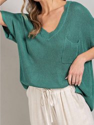 Women's V-Neck Ribbed Short Sleeve Sweater Top