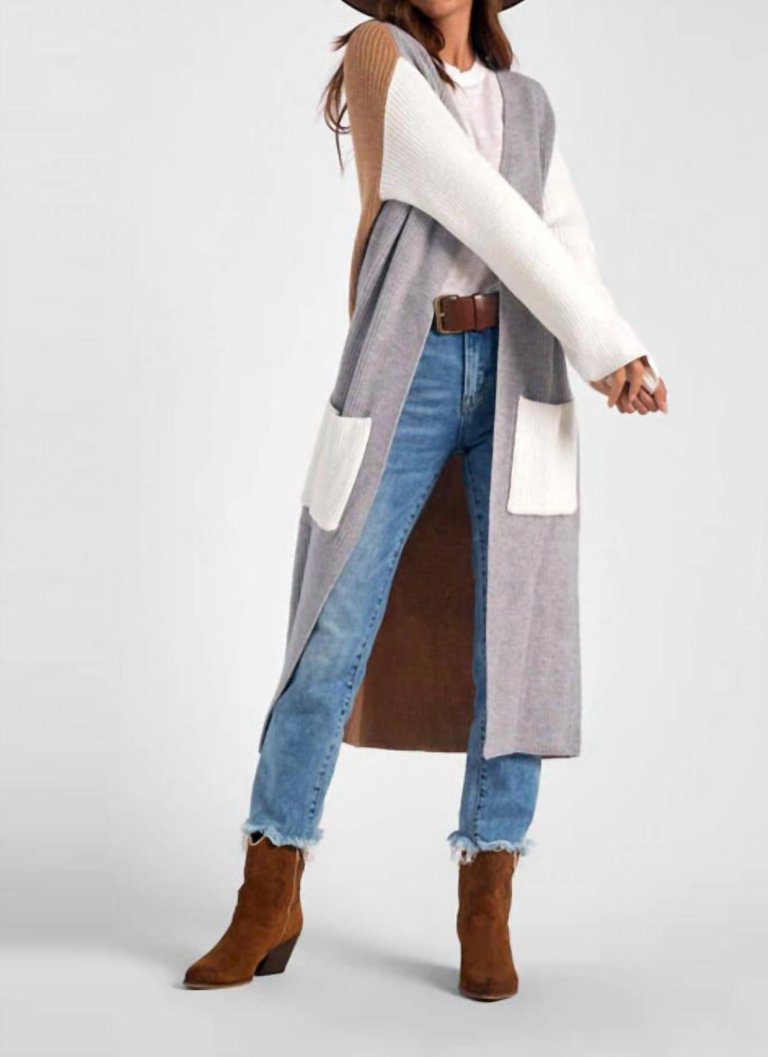Color Block Duster Cardigan - Camel/Gray And White