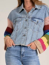 Crochet Sleeve Denim Jacket - Blue Denim Multi