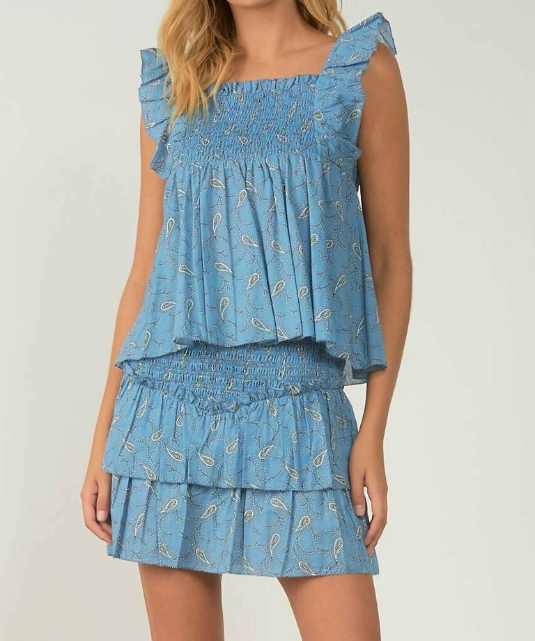 Printed Ruffled Cotton Top - Blue Paisley