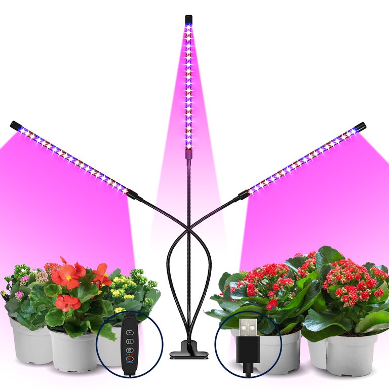 15.2 In. 30-Watt Black LED Grow Light, Color Changing Light With 3 Head Divided Adjustable Goose Neck Dual Chips