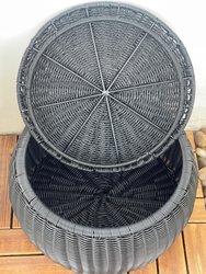 Outdoor/Indoor Black Pouf Wicker Footstool Storage Seat With Lid