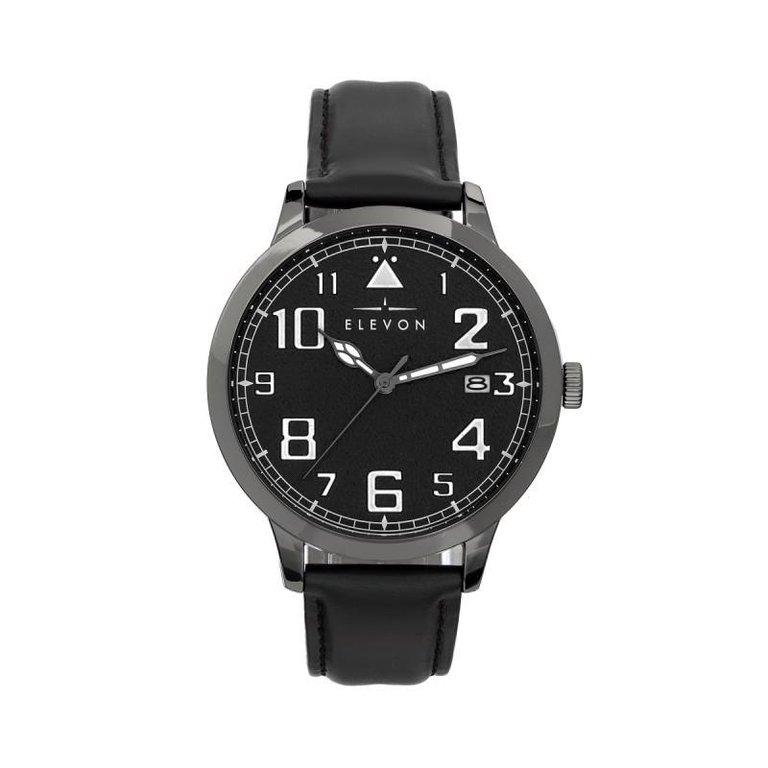 Elevon Sabre Leather-Band Watch With Date - Gunmetal/Black/Black