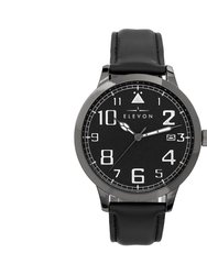 Elevon Sabre Leather-Band Watch With Date - Gunmetal/Black/Black