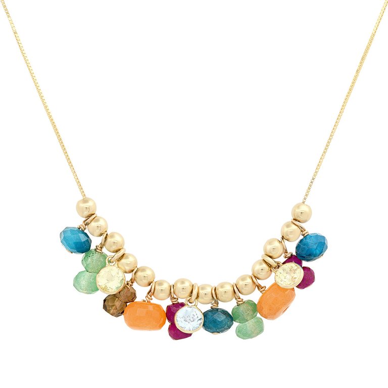 14K Gold Movable Multi Gemstone Beaded Necklace - Gold