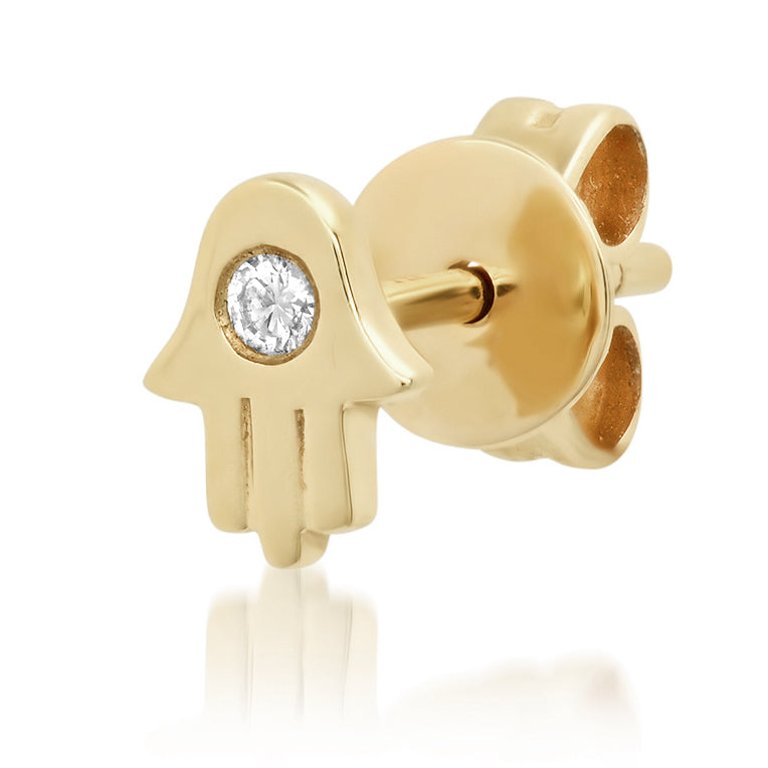 14K Gold With Diamond Single Hamsa Stud Earring