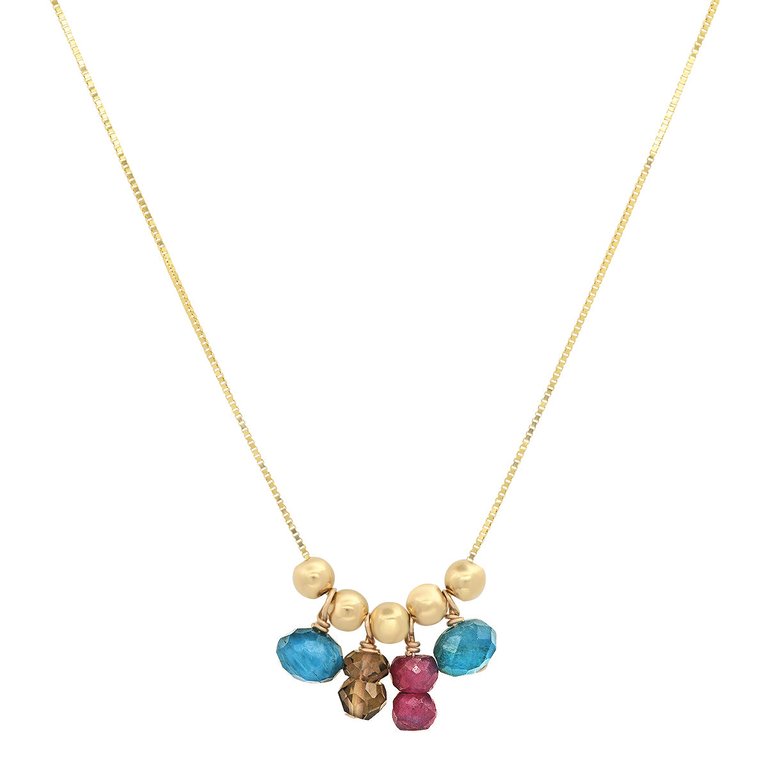 14K Yellow Gold Bead "Movable Beaded" Necklace With Jewel Tone Gemstone Drops - Gold