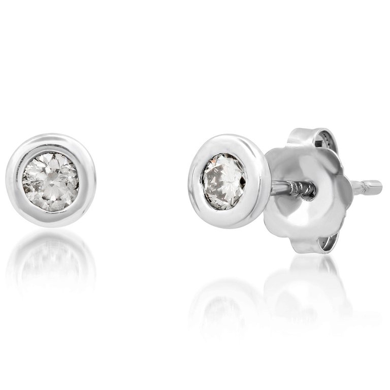 14K Yellow Or White Gold Single Bezel Diamond Stud Earrings - White Gold