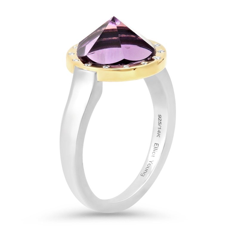 Amethyst "Pyramid" Ring With 14 K Yellow Gold, Sterling Silver And Diamonds