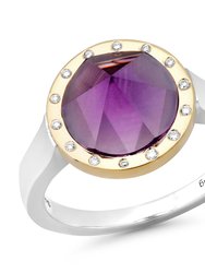 Amethyst "Pyramid" Ring With 14 K Yellow Gold, Sterling Silver And Diamonds - Silver