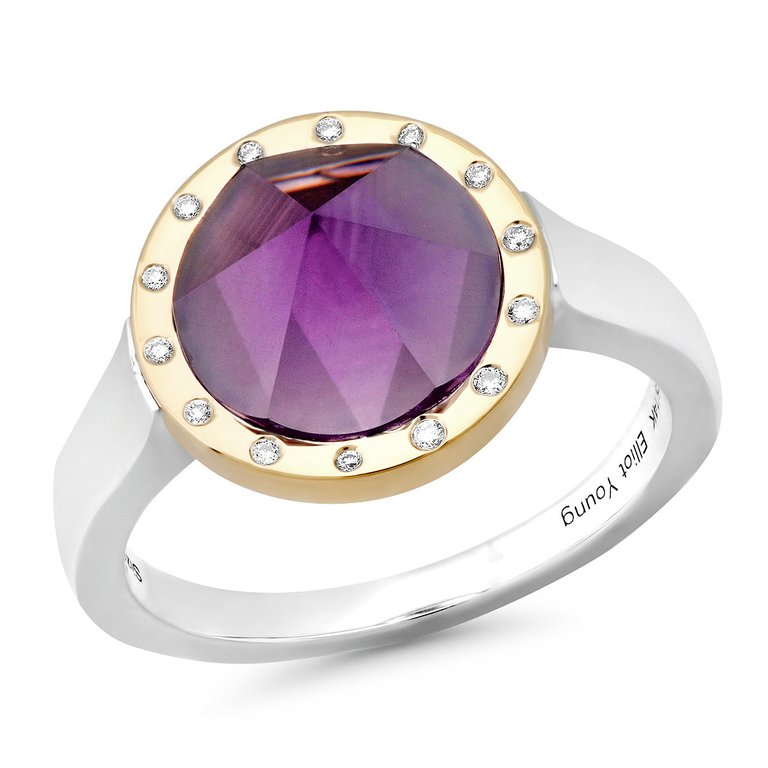 Amethyst "Pyramid" Ring With 14 K Yellow Gold, Sterling Silver And Diamonds - Silver