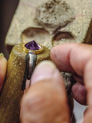 Amethyst "Pyramid" Ring With 14 K Yellow Gold, Sterling Silver And Diamonds