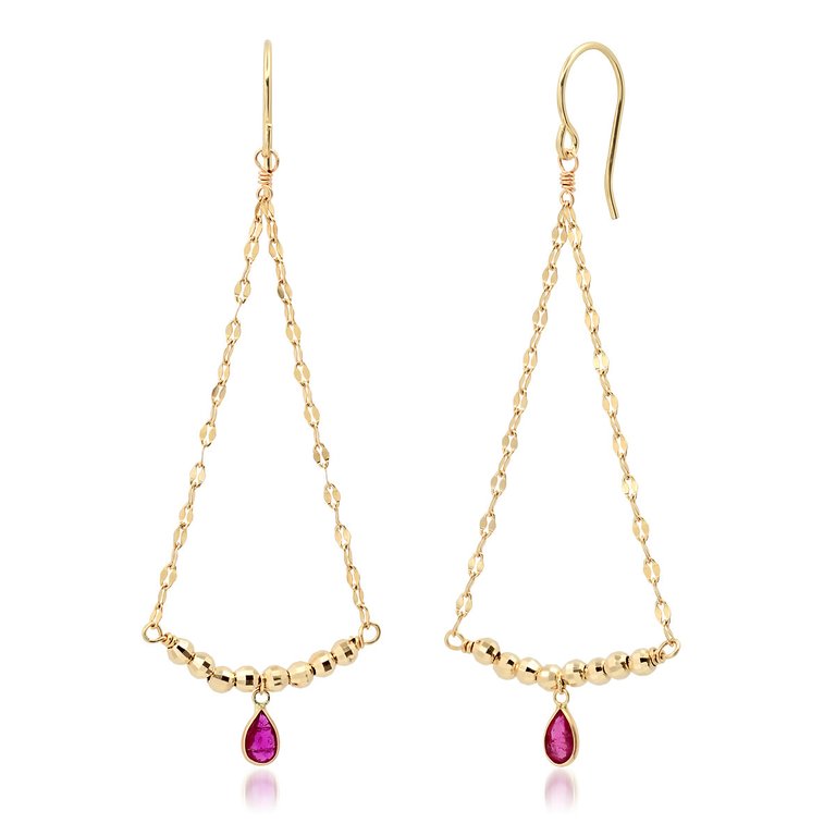 "Chandelier" Earrings With 14K Gold Beads And A Teardrop Ruby - Gold