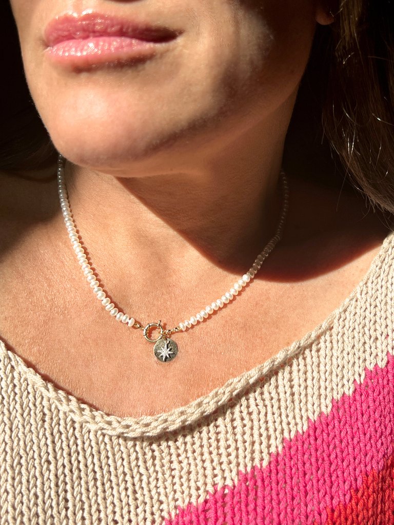 Chunky Knotted Gemstone Diamond Charm Necklace - Pearl