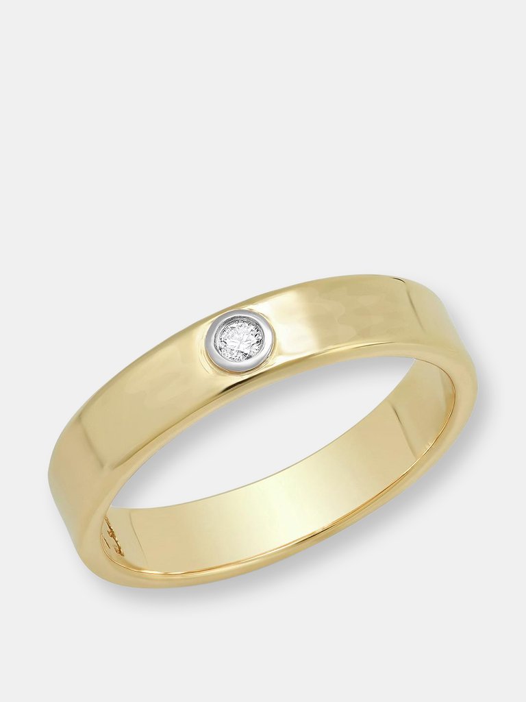 "Liquid Metal" 14K Gold Narrow Hammered Band With Diamond - Yellow Gold