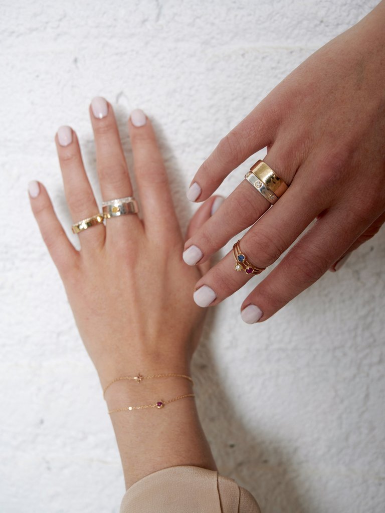 "Liquid Metal" Sterling Silver With 14K Gold Narrow Hammered Band With Seven Diamonds Ring