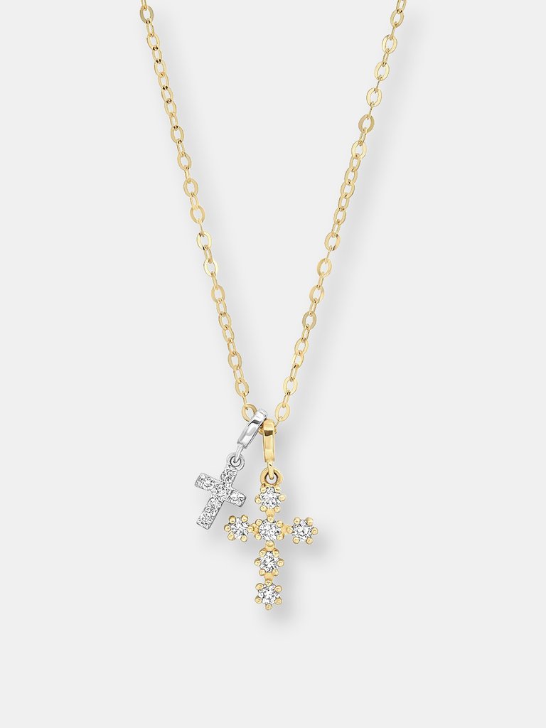 Pave Diamond 14K Gold Double Cross Necklace - Gold