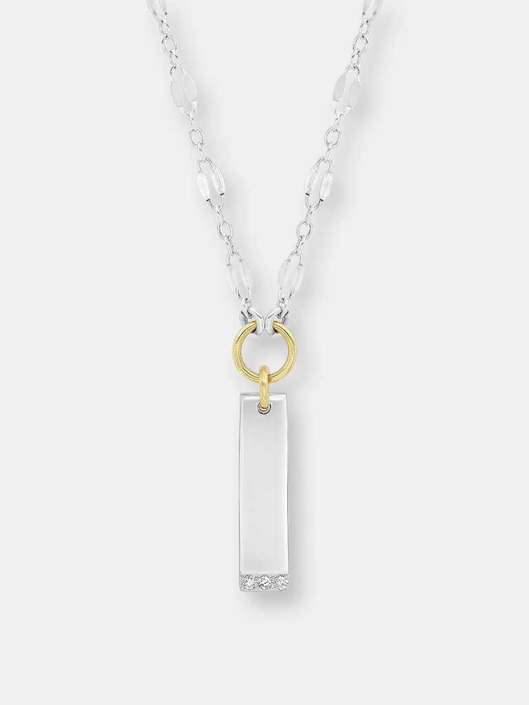 Sterling Silver Engravable Vertical Bar Necklace with 14K Gold Rings and Diamonds - Sterling Silver