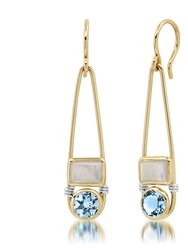 The "Candy Rush" 14K Gold Double Gem Linear Earring - White Mother Of Pearl And Blue Topaz