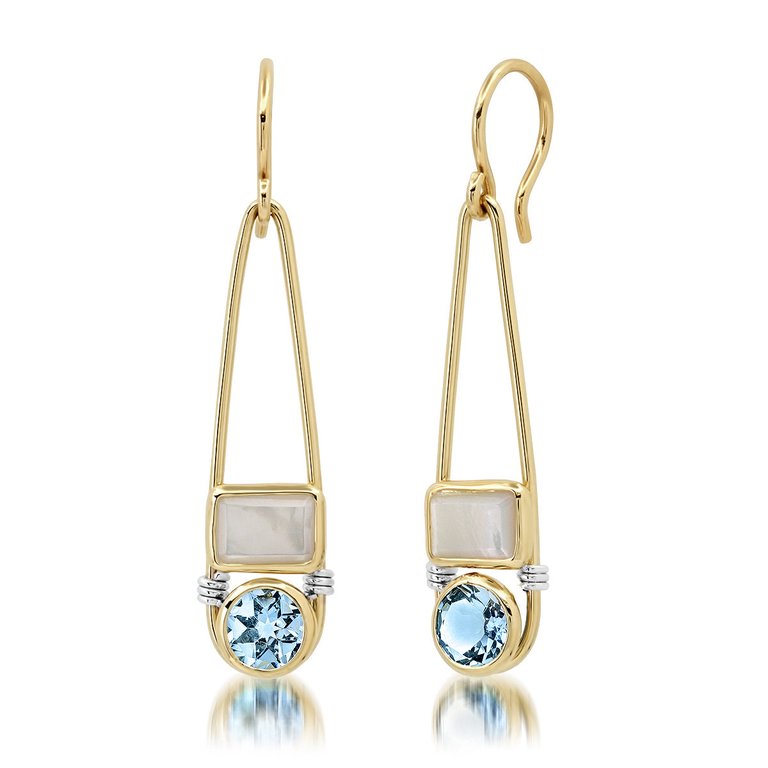 The "Candy Rush" 14K Gold Double Gem Linear Earring - White Mother Of Pearl And Blue Topaz