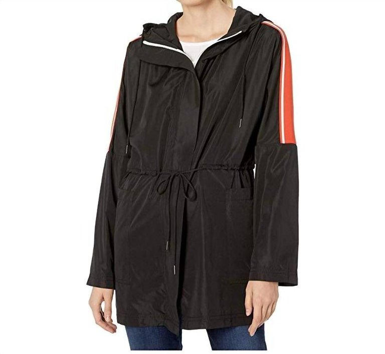 Zip Front Hooded Anorak Jacket With Contrast Tape - Black
