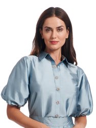 Puff Sleeve Blouse With Floral Medallion Buttons - Light Blue