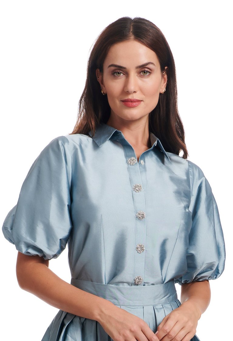 Puff Sleeve Blouse With Floral Medallion Buttons - Light Blue