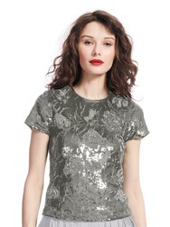 Sequin Floral Top With Embroidery And Beading - Silver