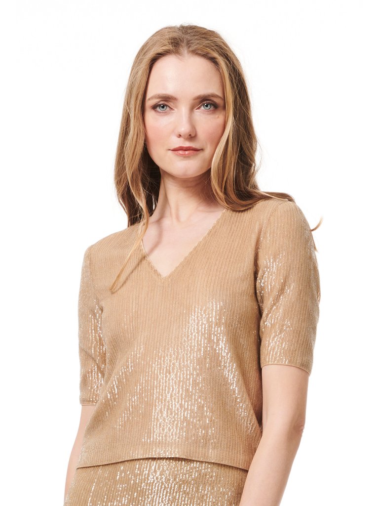 Sequin V-Neck Elbow Sleeve Tee - Champagne