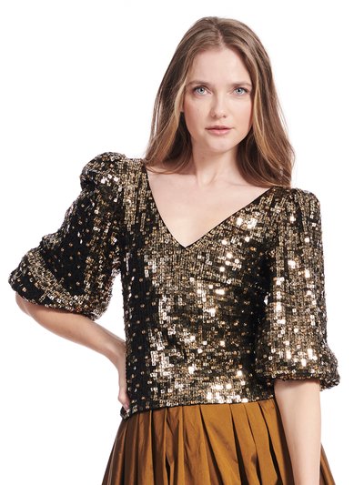 EMILY SHALANT Square Sequin With Jewel Blouson Sleeve Stretch Top product