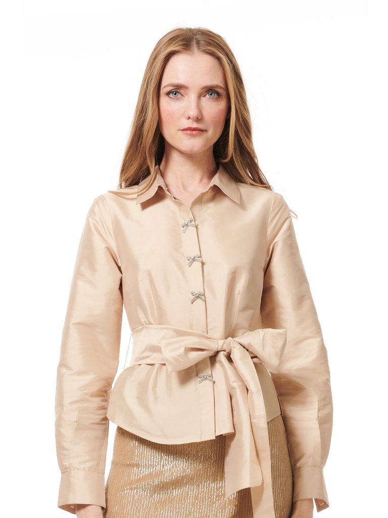 Taffeta Blouse With Crystal Bow Buttons And Sash - Champagne
